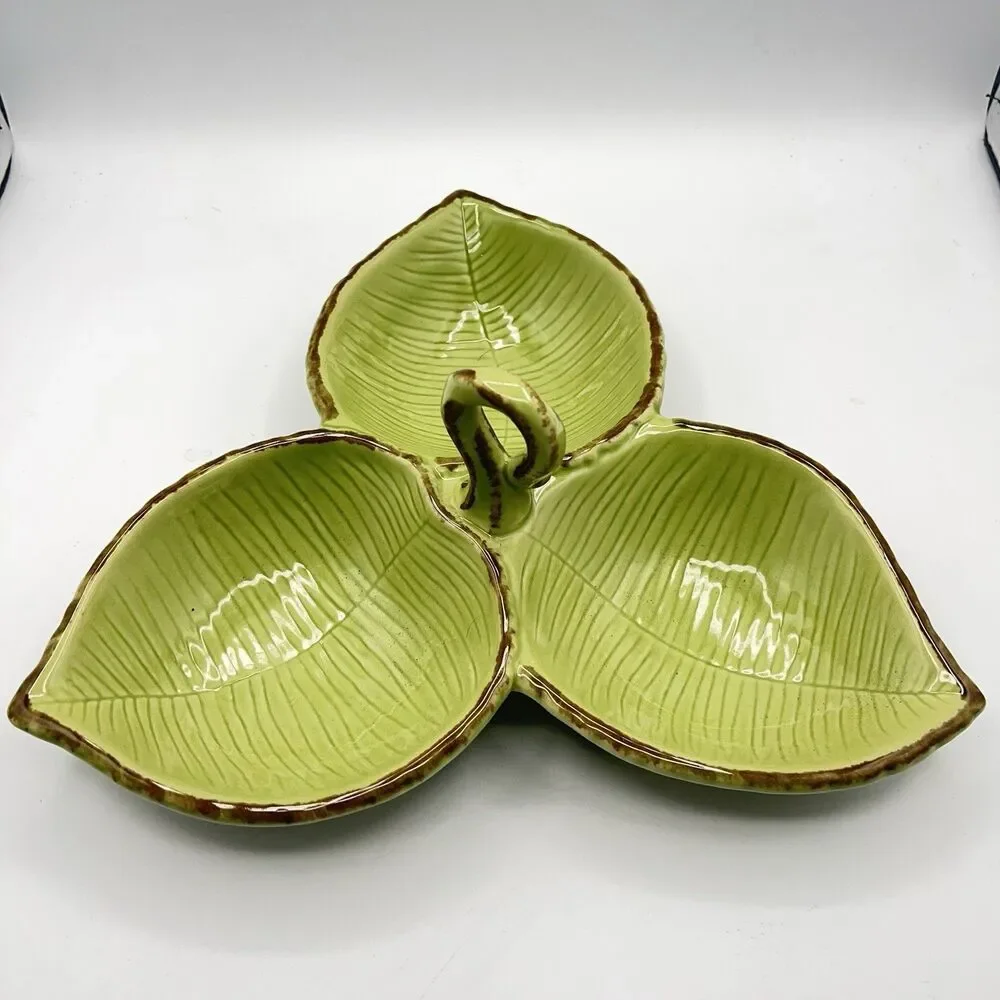 Pottery Barn Tropical Green Leaf Trio Candy Snack Serving Dish 11” w/Handle